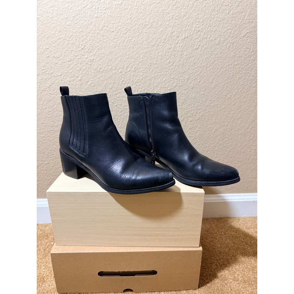 Blondo Waterproof Sz 8 Black Leather Ankle Boots Block Heel Pointed Toe Booties - Picture 2 of 10